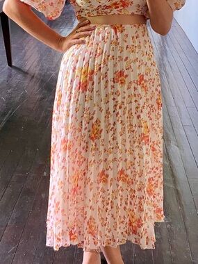 Floral Pleated Midi Dress — Cream with Pink & Orange Blossoms